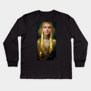 Beautiful Blonde Woman, Abby, in Gold and Gems - Attractive Portrait Kids Long Sleeve T-Shirt